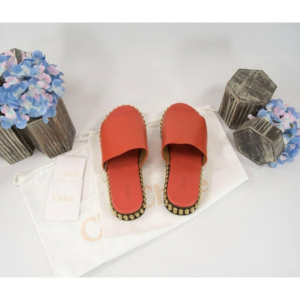 Chloe Orange Leather Bead Chain Flat Mules Slides - Picture 4 of 7